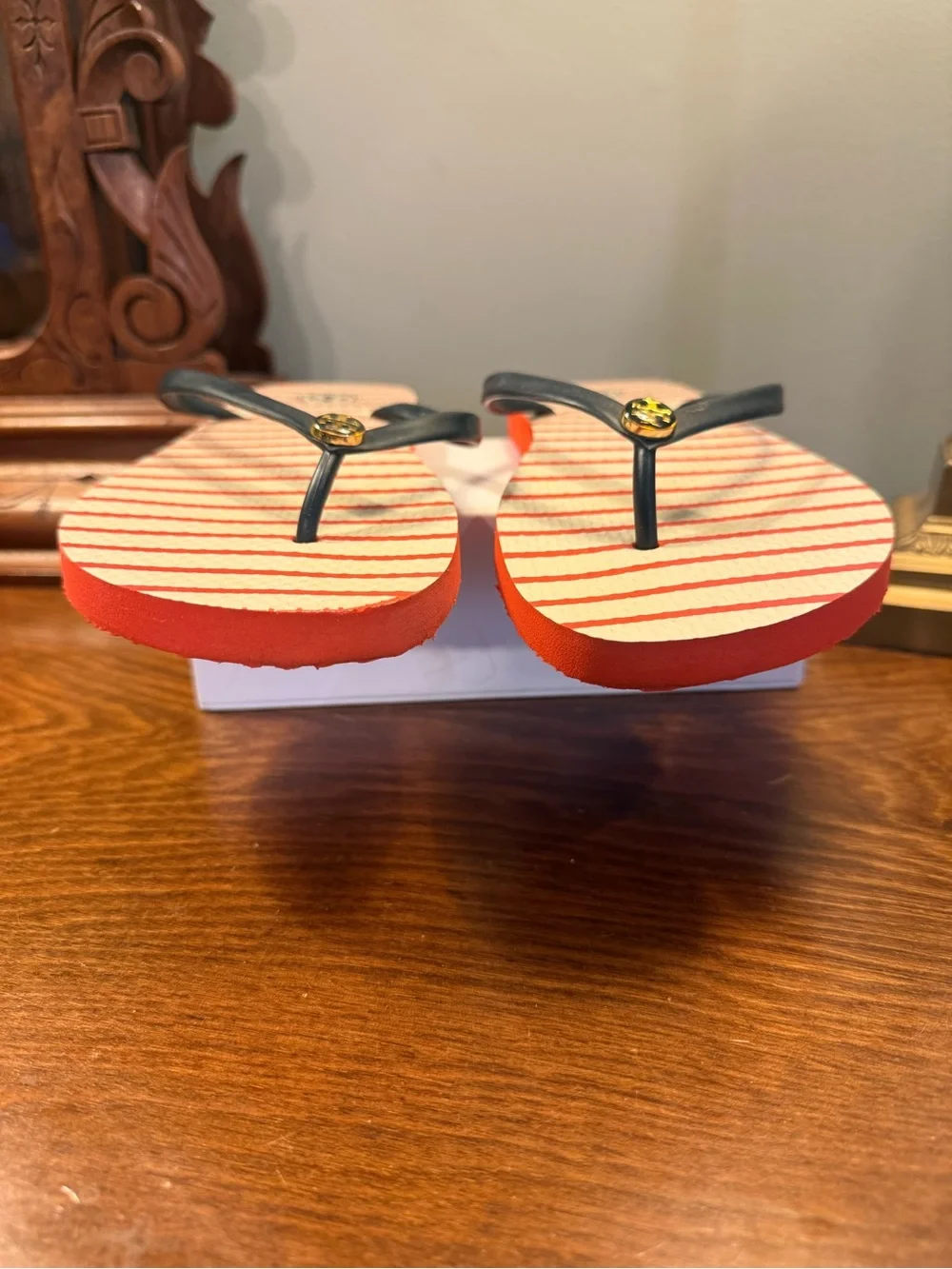 Tory Burch Cream Orange Striped Flip Flop Sandals with Navy Straps Size 11